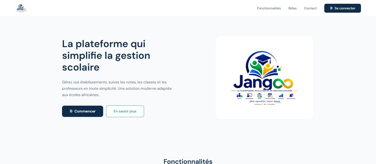 Accueil de Jangoo, plateforme de gestion scolaire