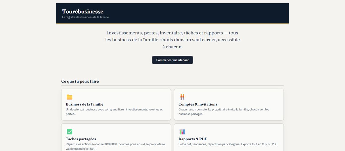 Accueil de Tourébusinesse, registre des business de la famille